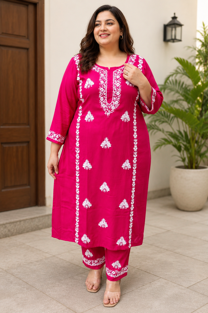 Rani Pink Rayon Chikankari Kurta with Pant Set-Custom Made