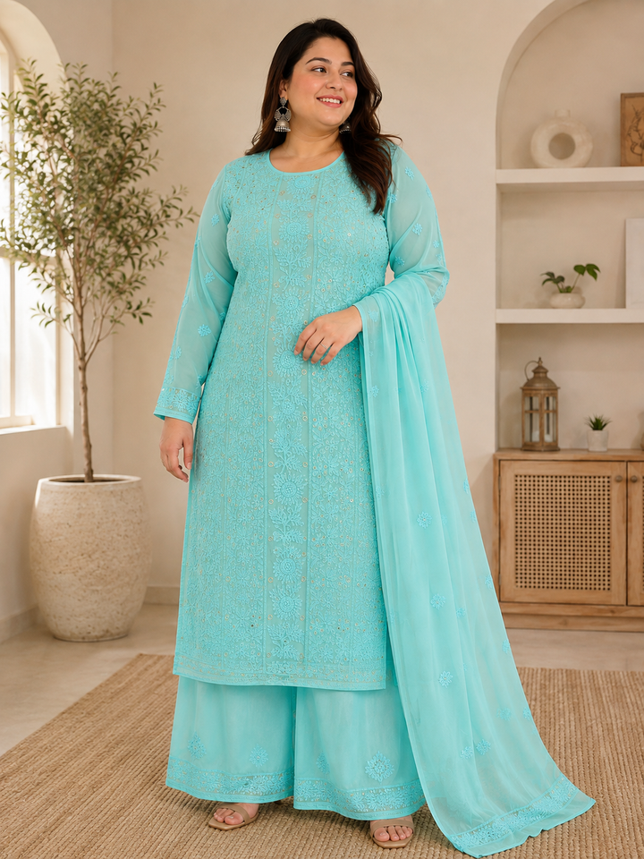 Blue organza Chikankari Kurta duppata fabric