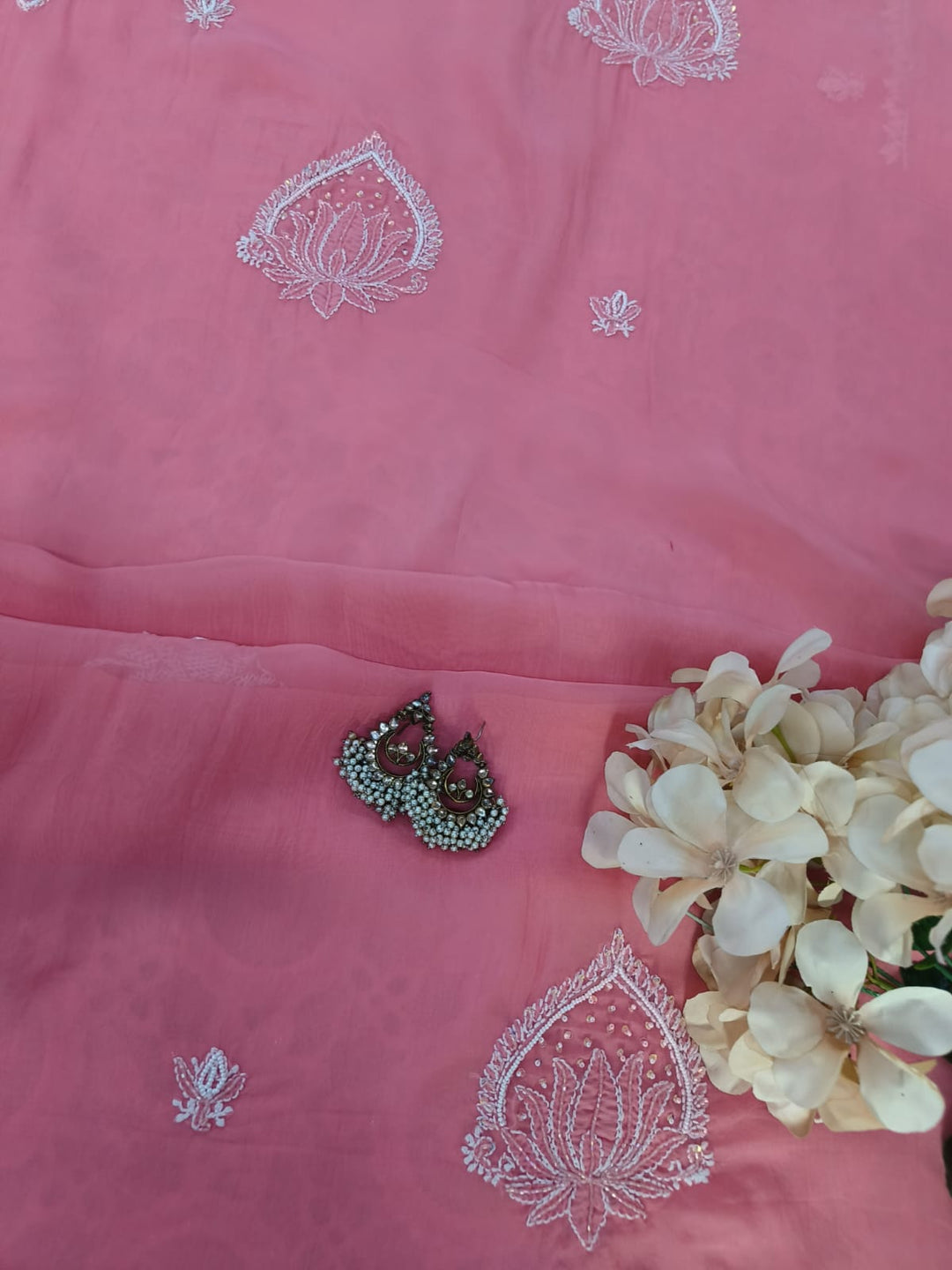 Peachy rose organza Chikankari Kurta Duppata Fabric