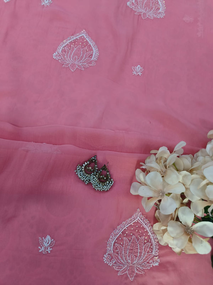 Peachy rose organza Chikankari Kurta Duppata Fabric