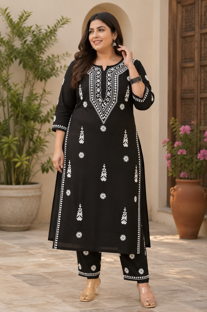 Black Rayon Chikankari Kurta With Pant Set - Custom Made