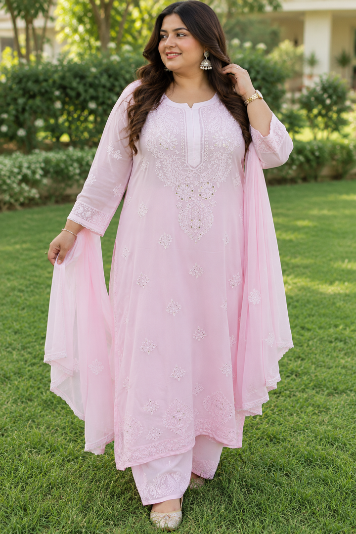 Pink Ombre Pure Georgette Chikankari Kurta-Custom Made