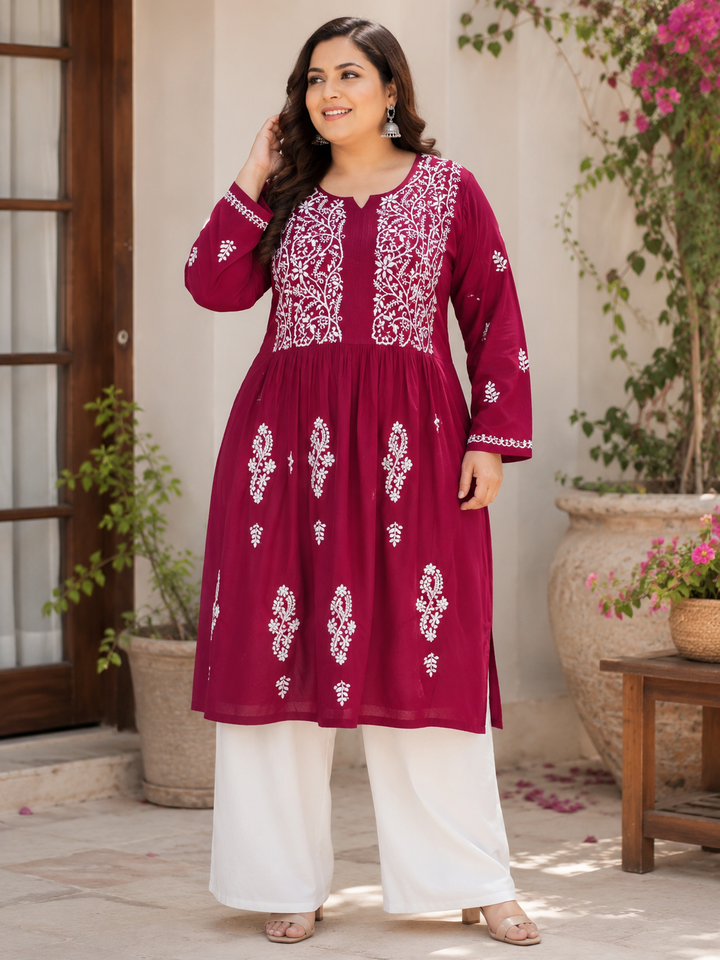 Maroon Rayon A-line Chikankari Kurta