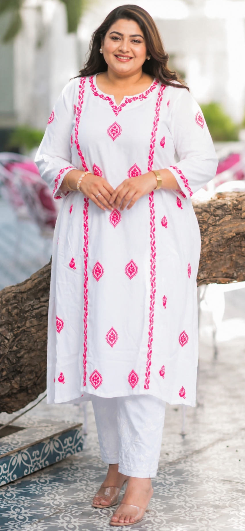 White Rayon A-line Chikankari Kurta- Custom Made