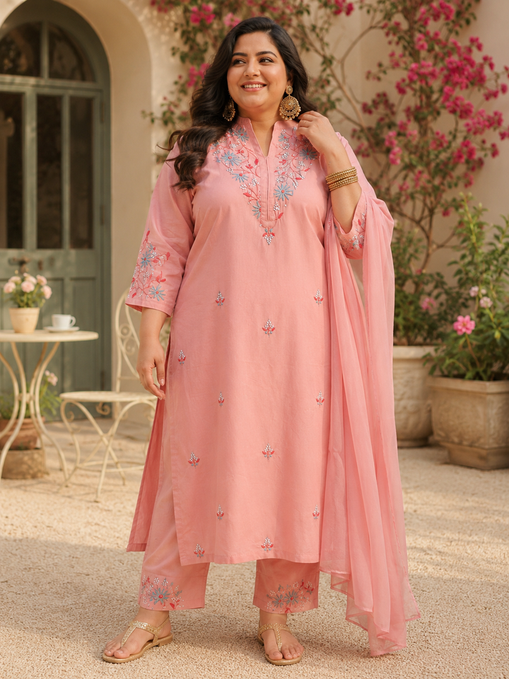 Peach Rayon Chikankari Suit Set