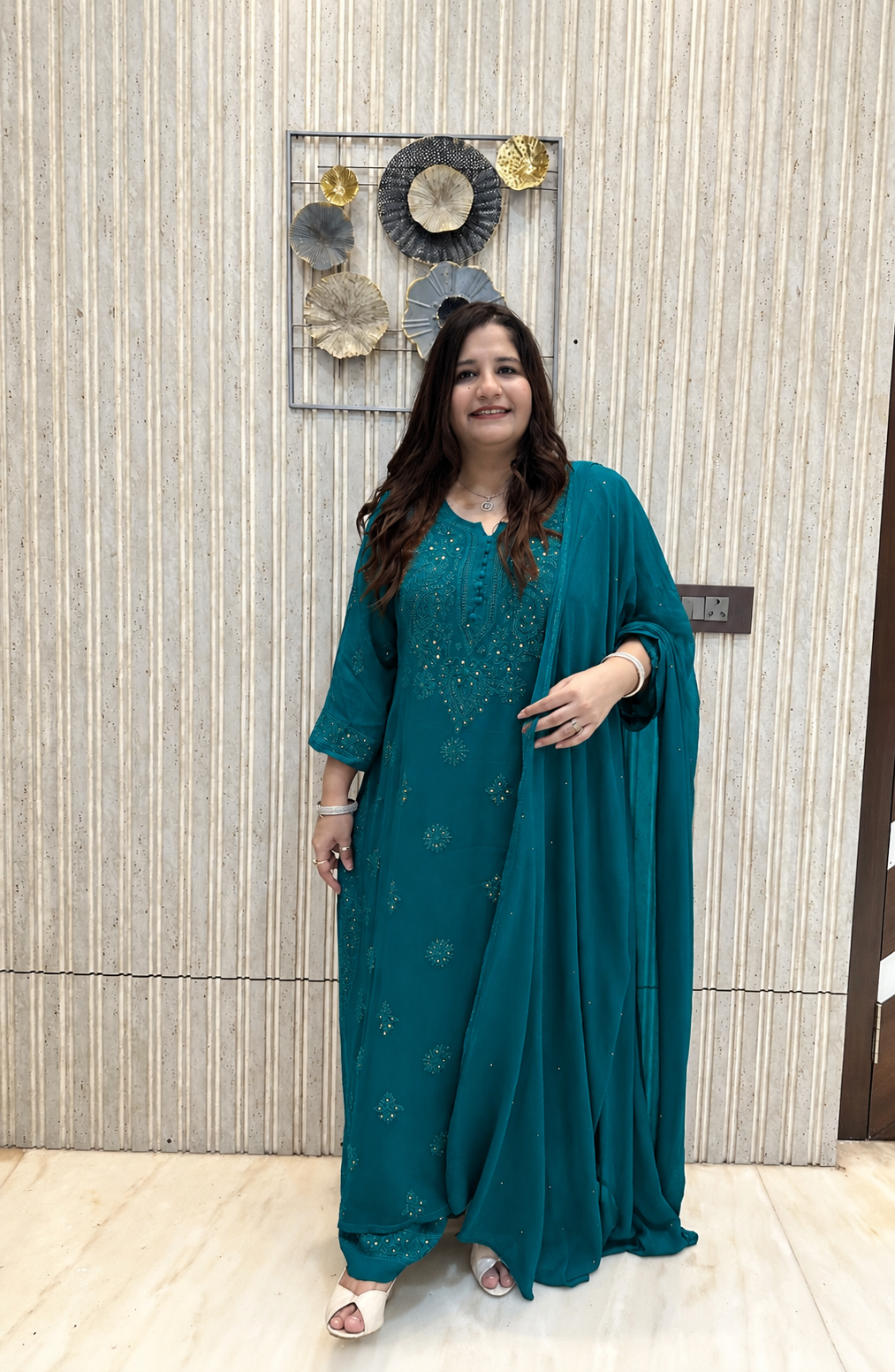 Teal Green Chikankari Georgette Suit Set-Custom Made