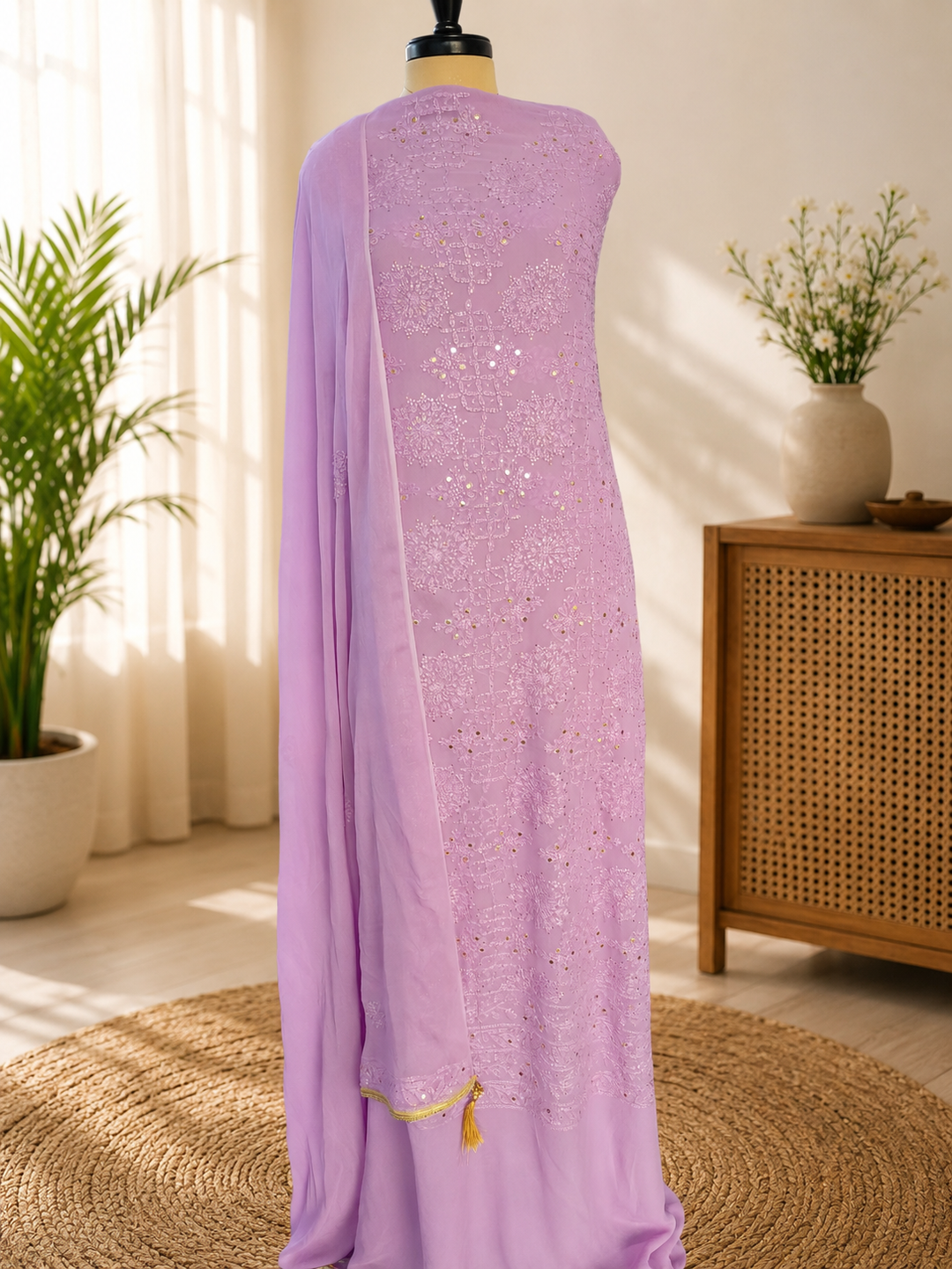 Lavender Pure Georgette Chikankari kurta dupatta Fabric
