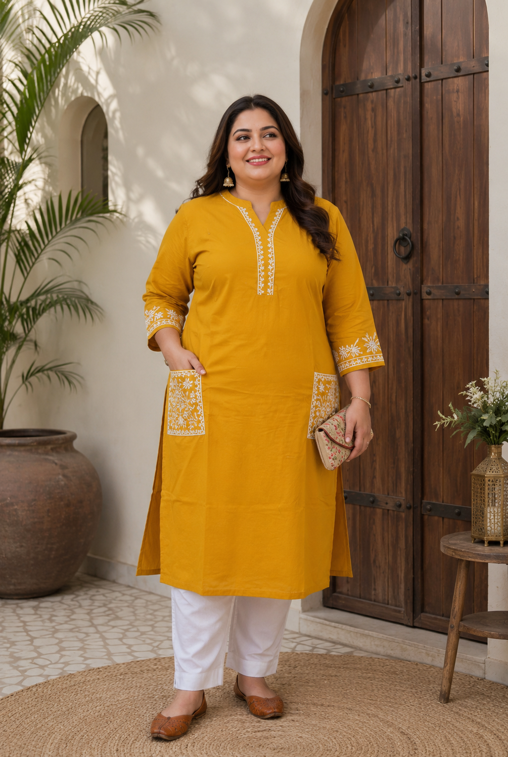 Mustard Rayon Chikankari Kurta-Custom Made