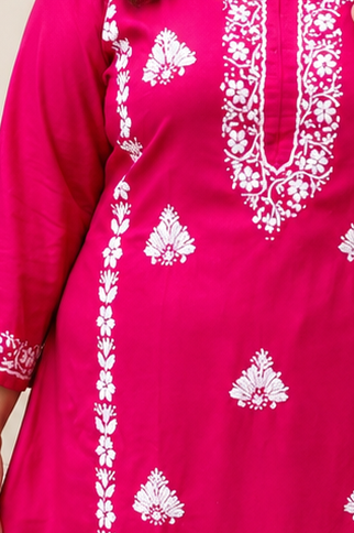 Rani Pink Rayon Chikankari Kurta with Pant Set-Custom Made