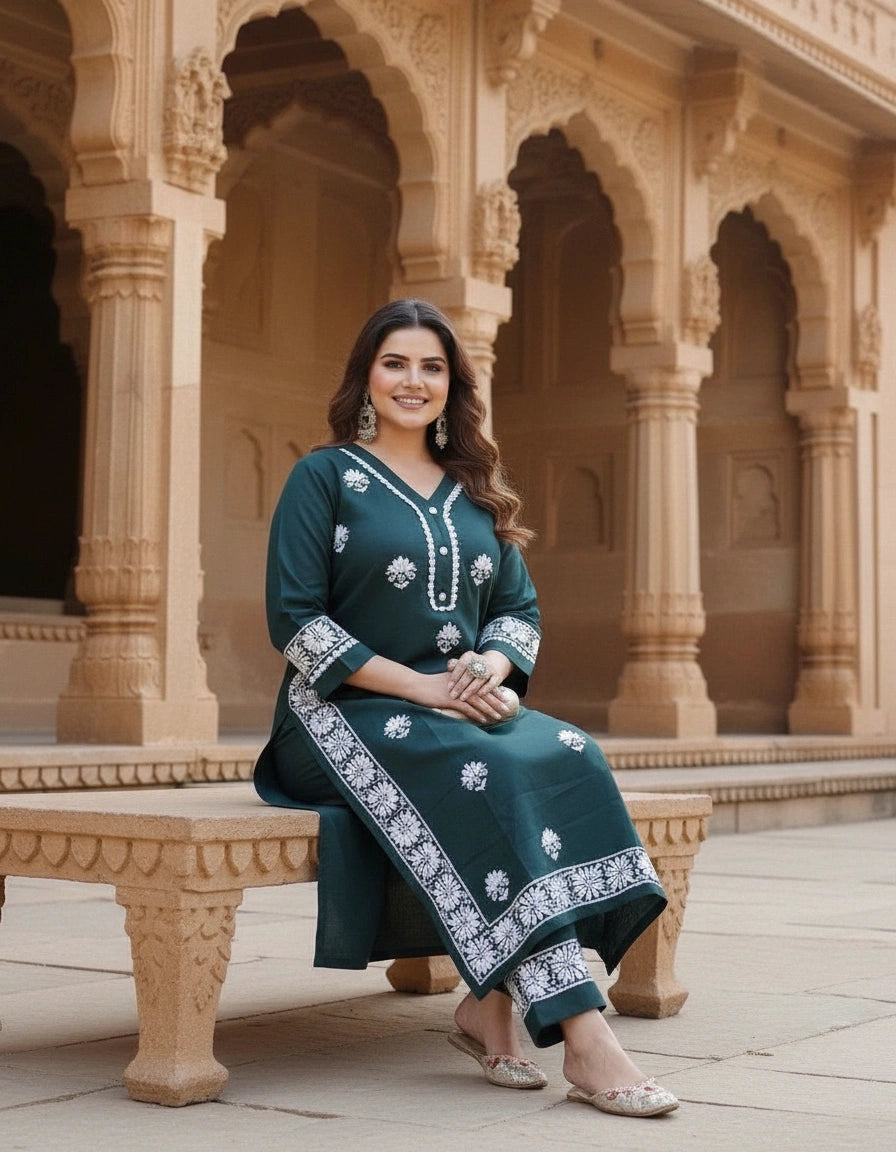Dark Green Chikankari Co-ord set -Custom Made