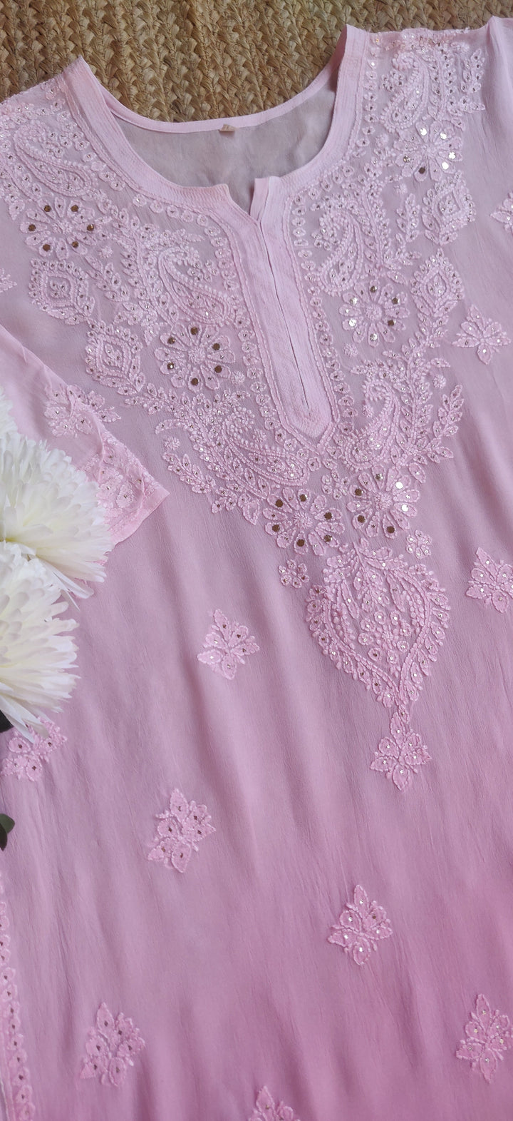 Pink Ombre Pure Georgette Chikankari Kurta