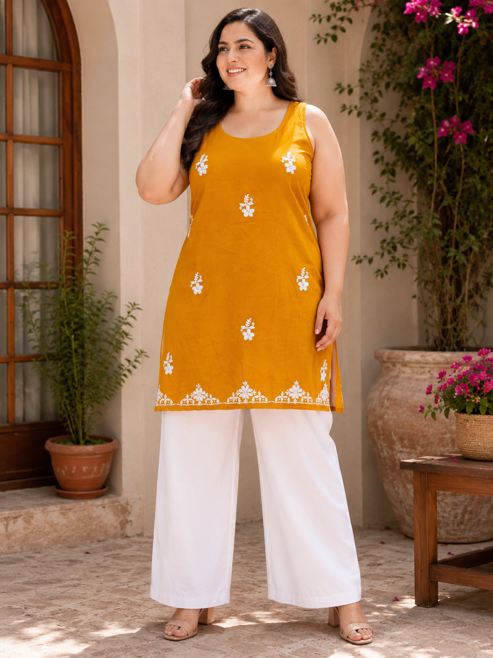 Mustard rayon Chikankari short Kurta