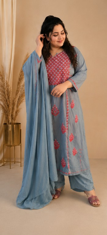Dark Grey Rayon A-line Chikankari Suit Set-Custom Made
