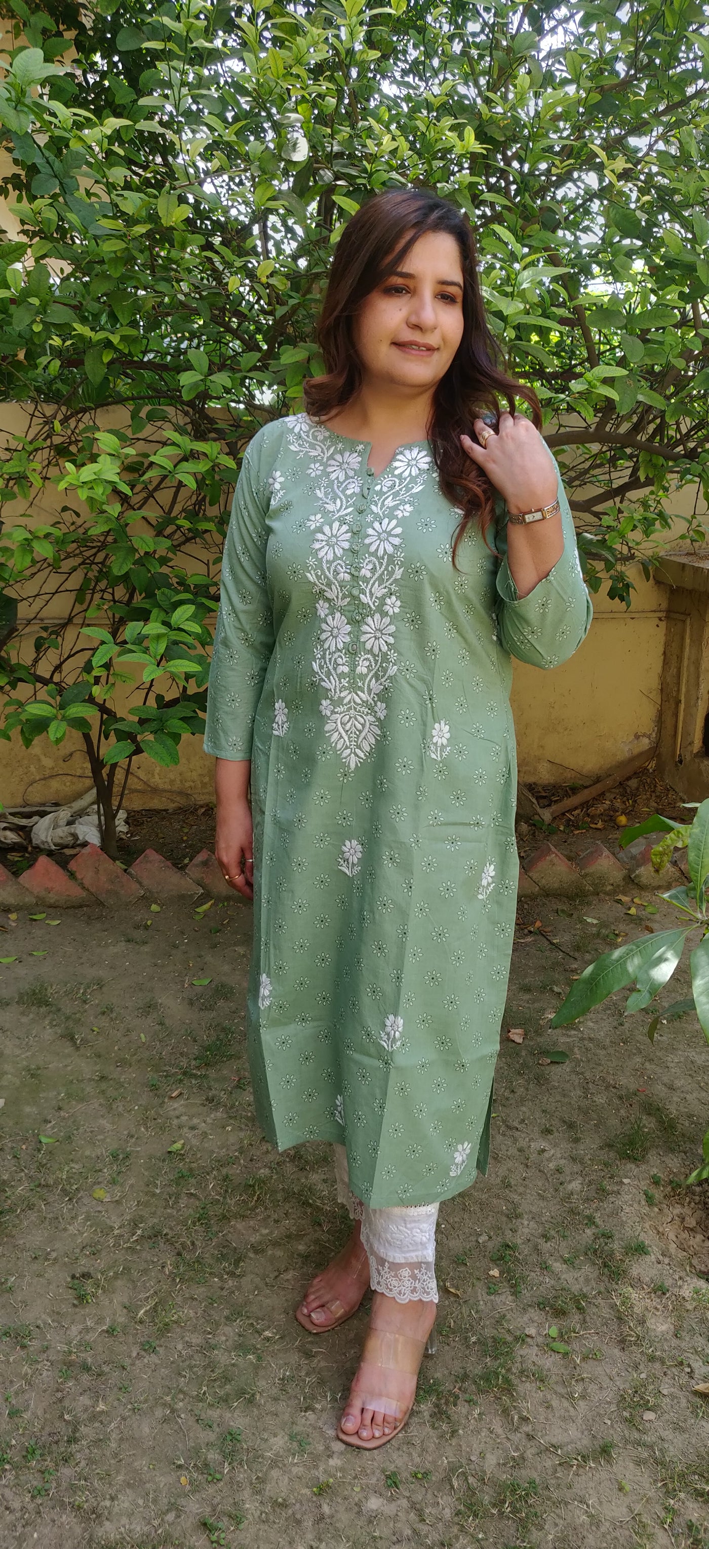 Green Printed Cotton Chikankari Kurta