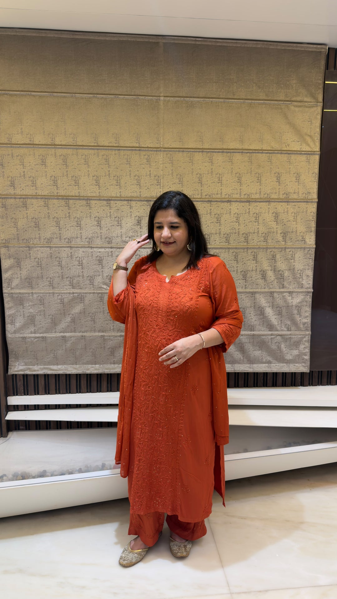 Rust Rayon Chikankari Suit Set-Custom Made