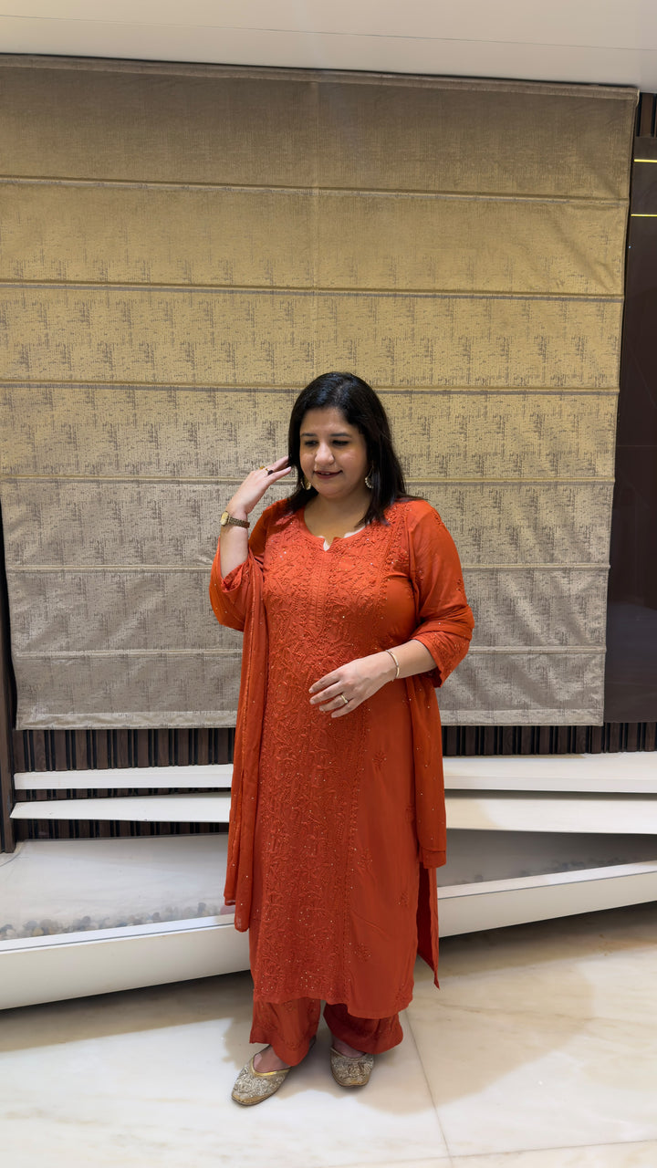 Rust Rayon Chikankari Suit Set-Custom Made