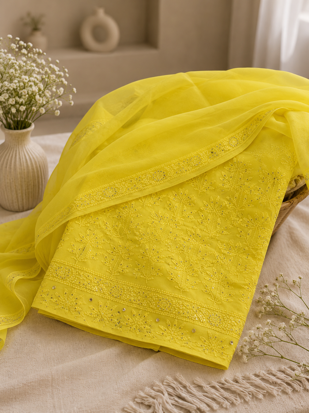 Yellow Georgette Chikankari Kurta duppata Fabric