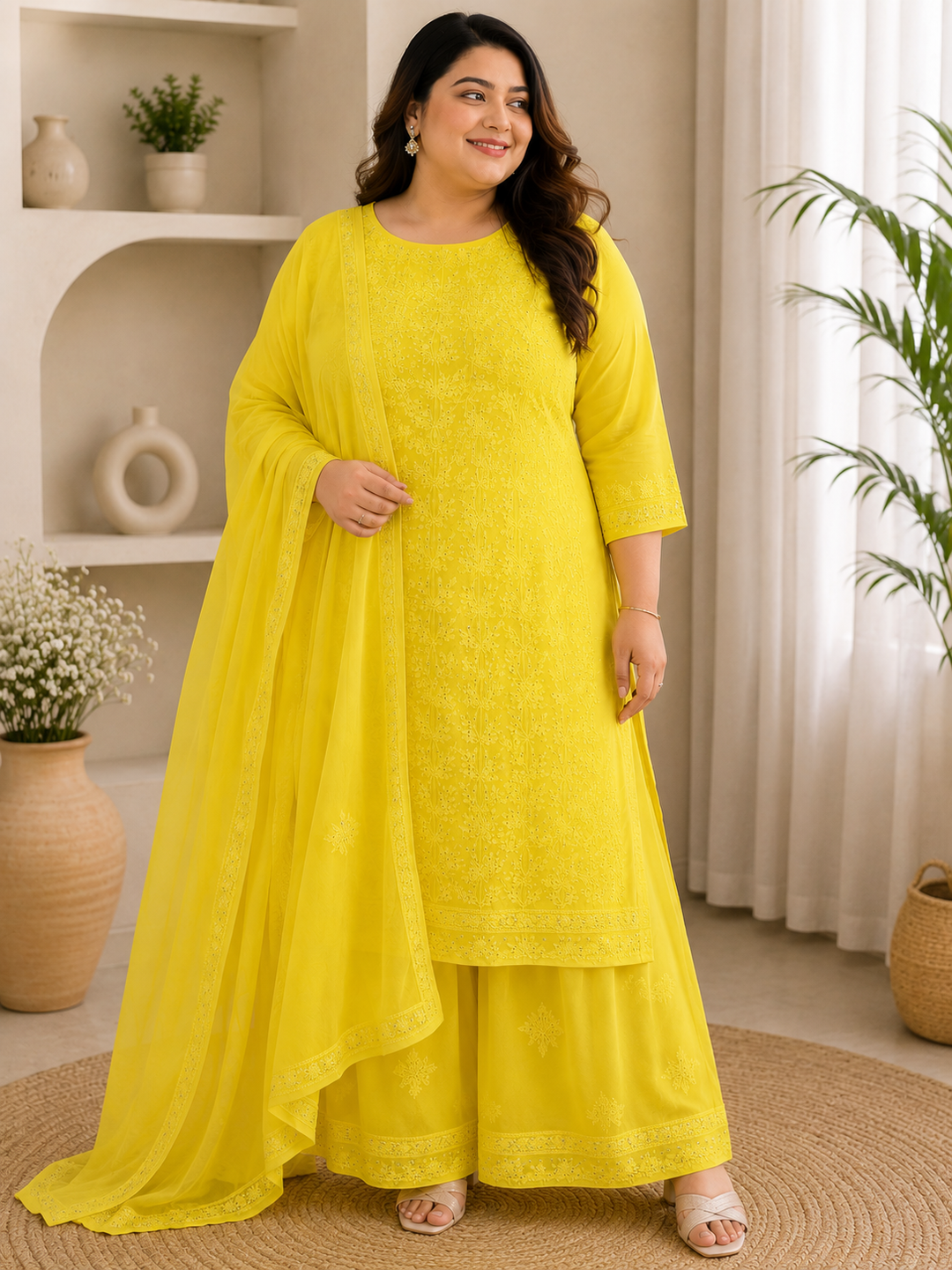 Yellow Georgette Chikankari Kurta duppata Fabric