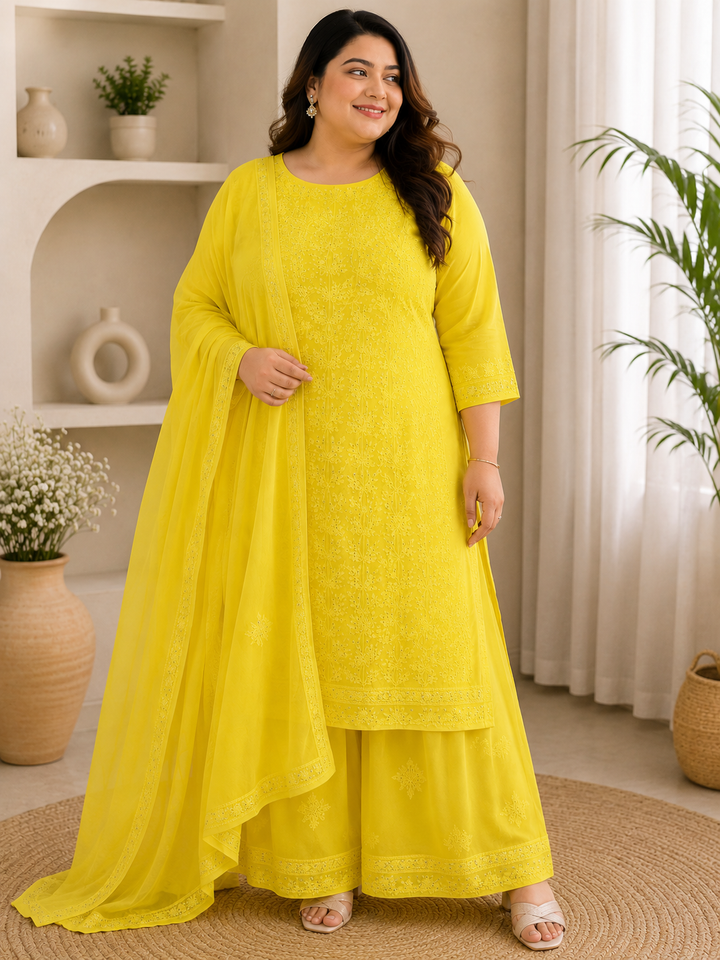 Yellow Georgette Chikankari Kurta duppata Fabric