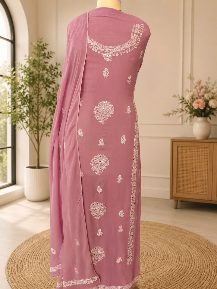 Lavender Georgette Chikankari Kurta duppata Fabric