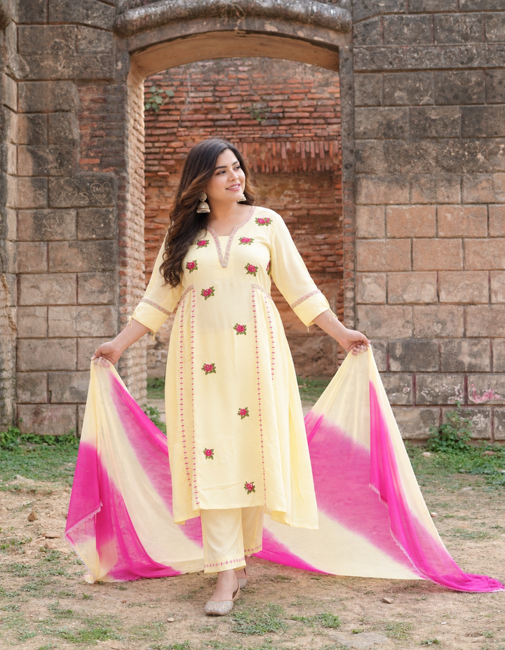 Yellow Reyon Chikankari Kurta Pant Set