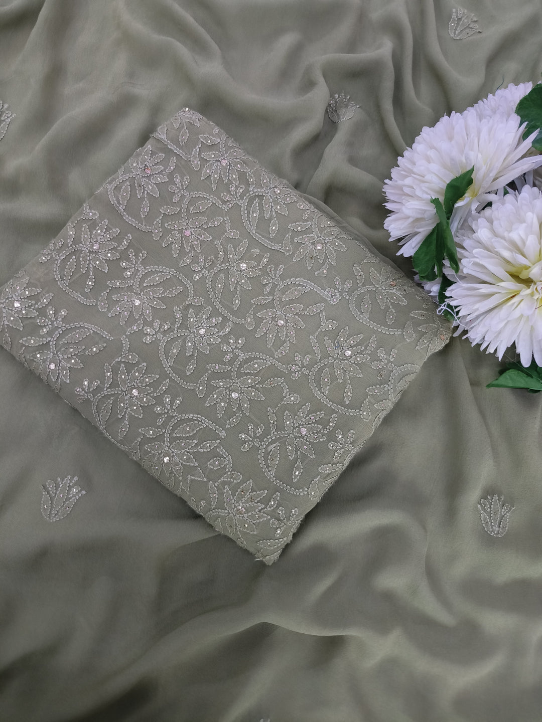 Sage green Georgette Chikankari Kurta duppata fabric