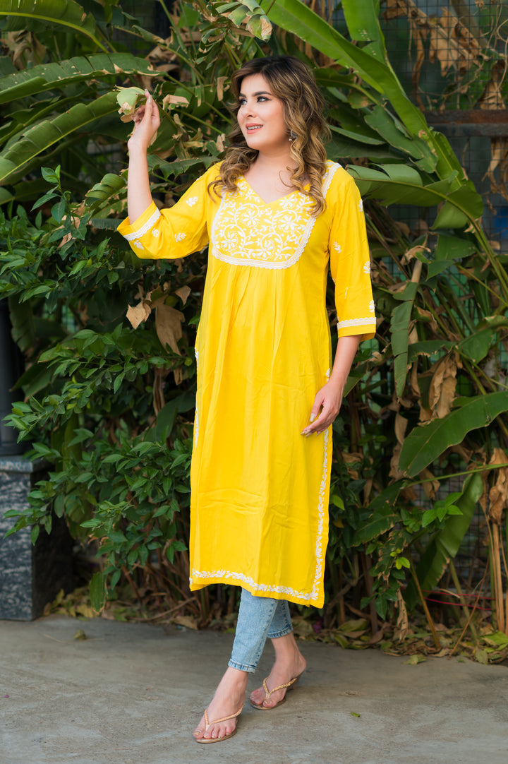 Yellow Rayon Chikankari kurta -Custom Made