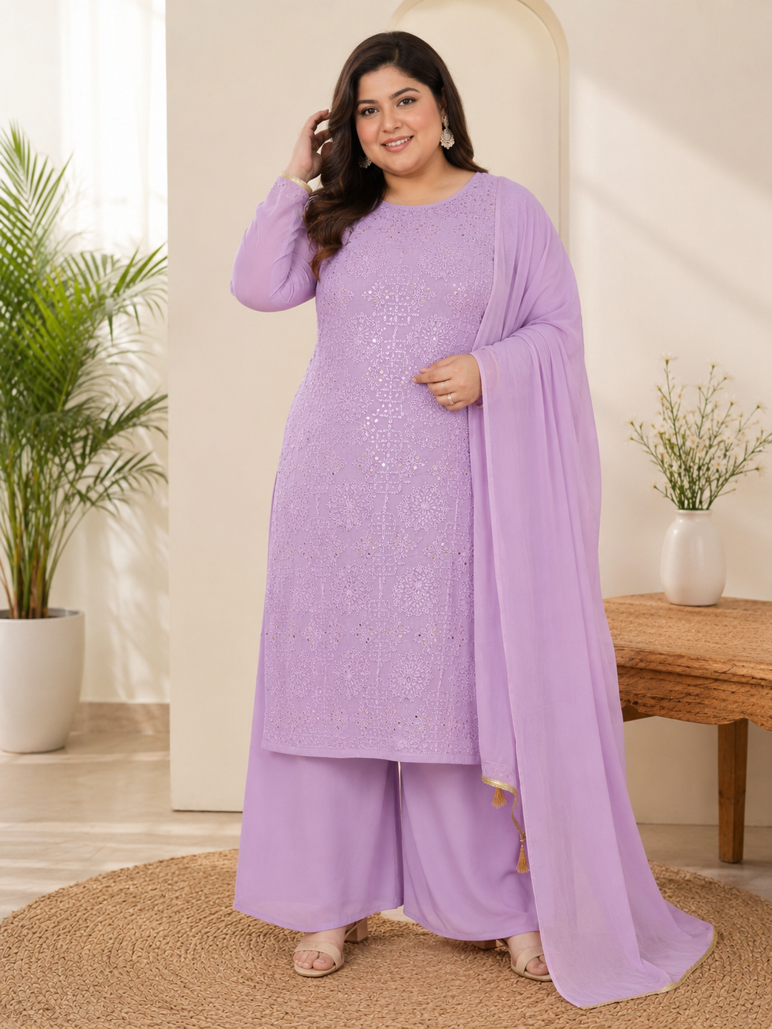 Lavender Pure Georgette Chikankari kurta dupatta Fabric -Custom Made
