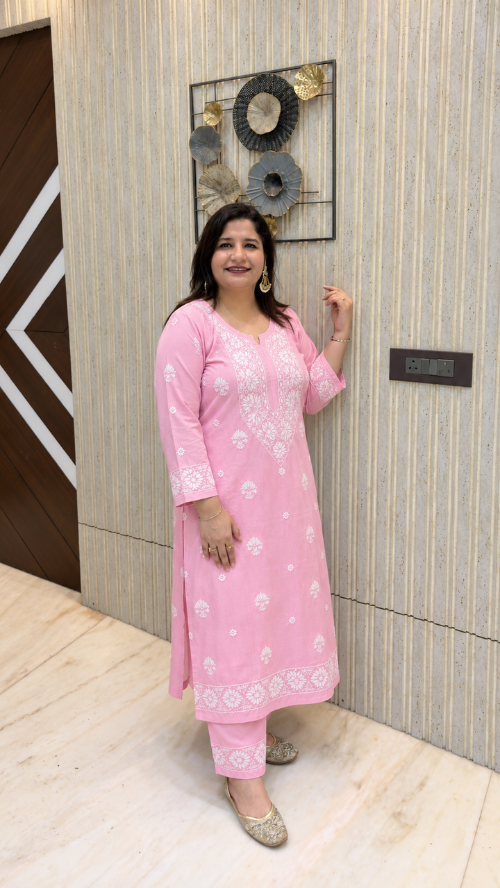Pink Rayon Chikankari kurta pant set -Custom Made