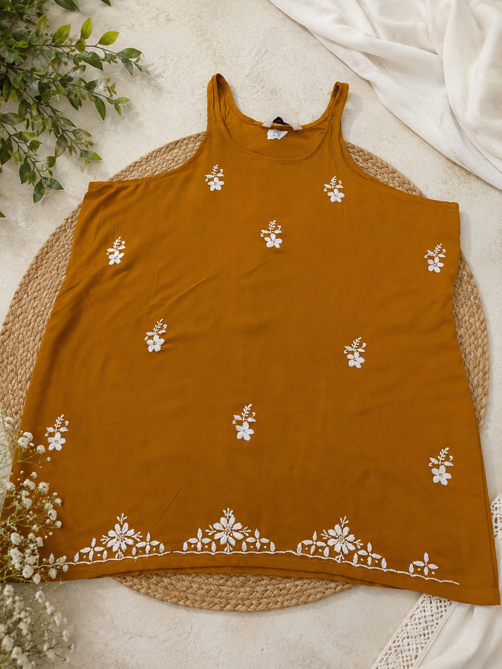 Mustard rayon Chikankari Short kurta