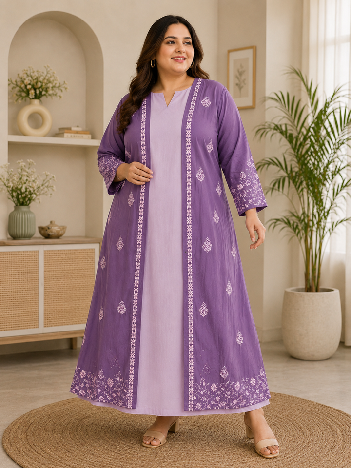 Lavender Chanderi Chikankari A-line shrug Set -Custom Made