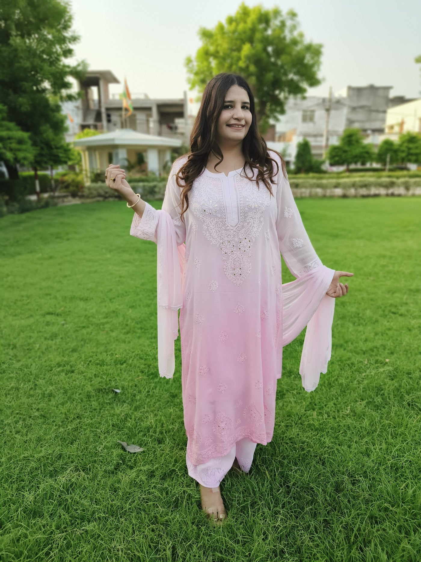 Pink Ombre Pure Georgette Chikankari Suit Set -Custom Made