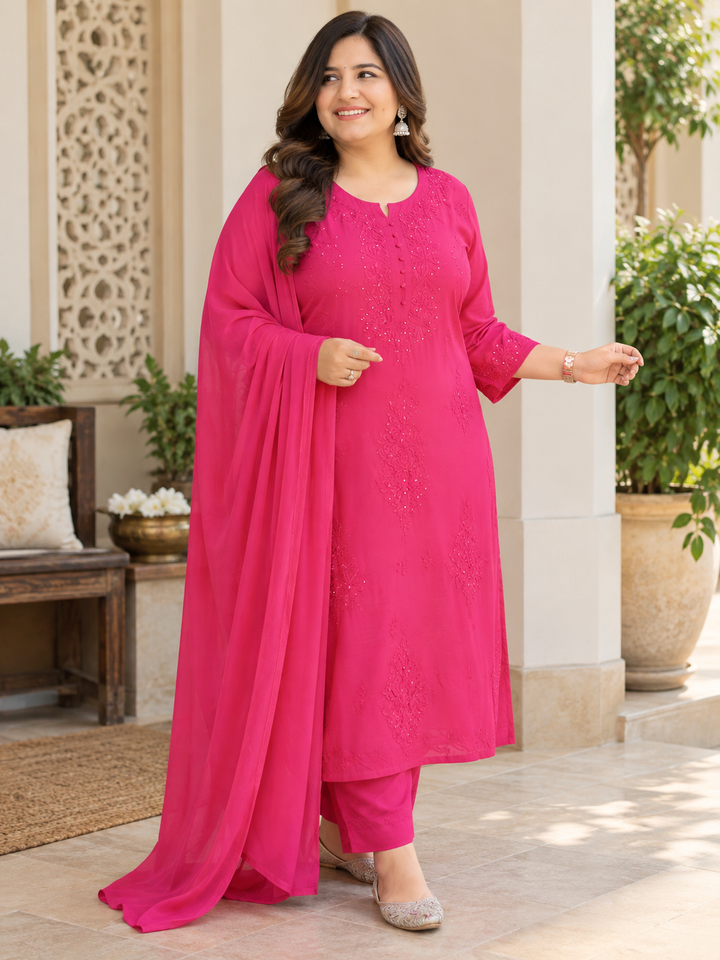 Rani Pink Rayon Chikankari Suit Set