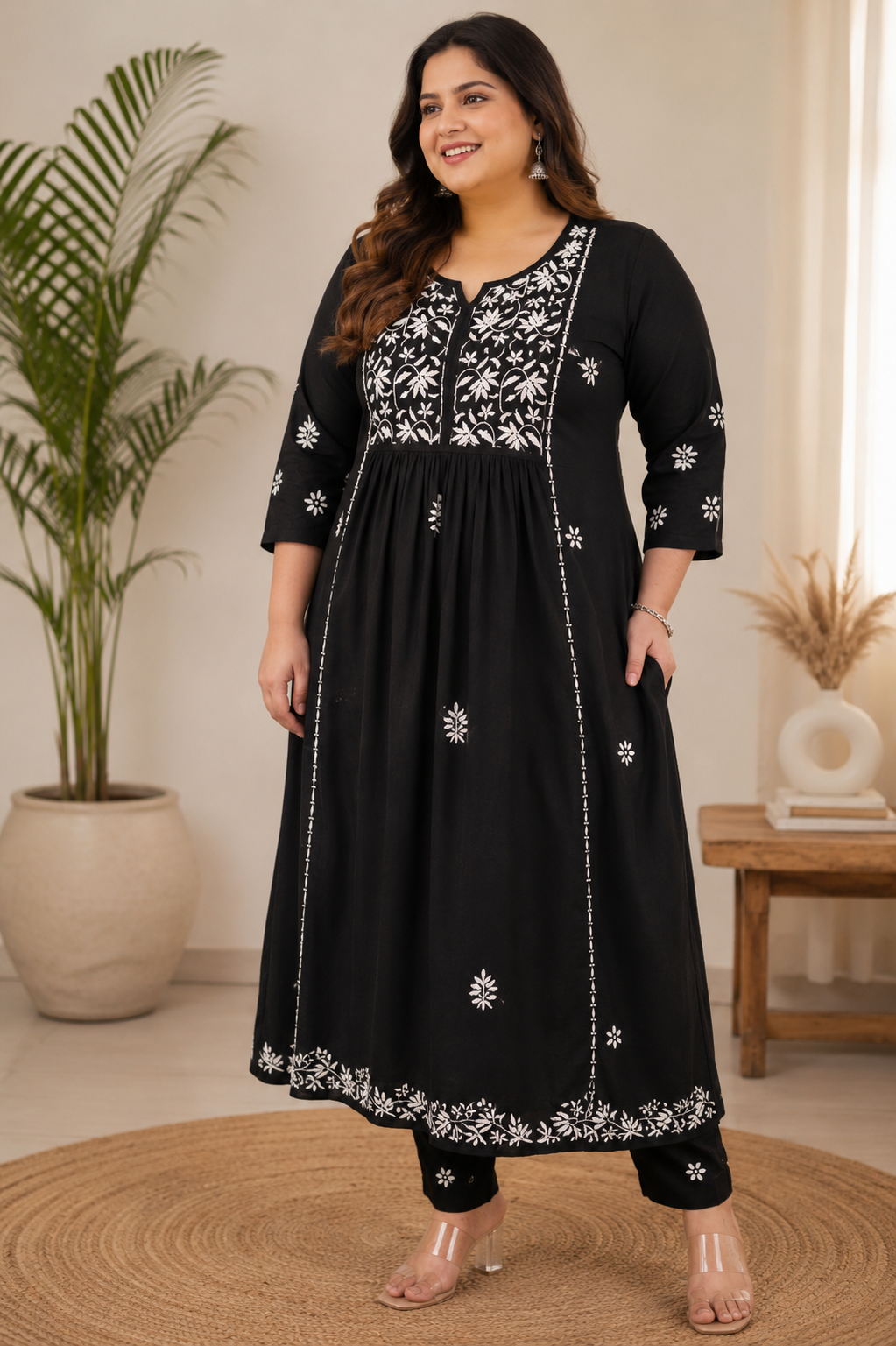 Black A-line Rayon Chikankari Set