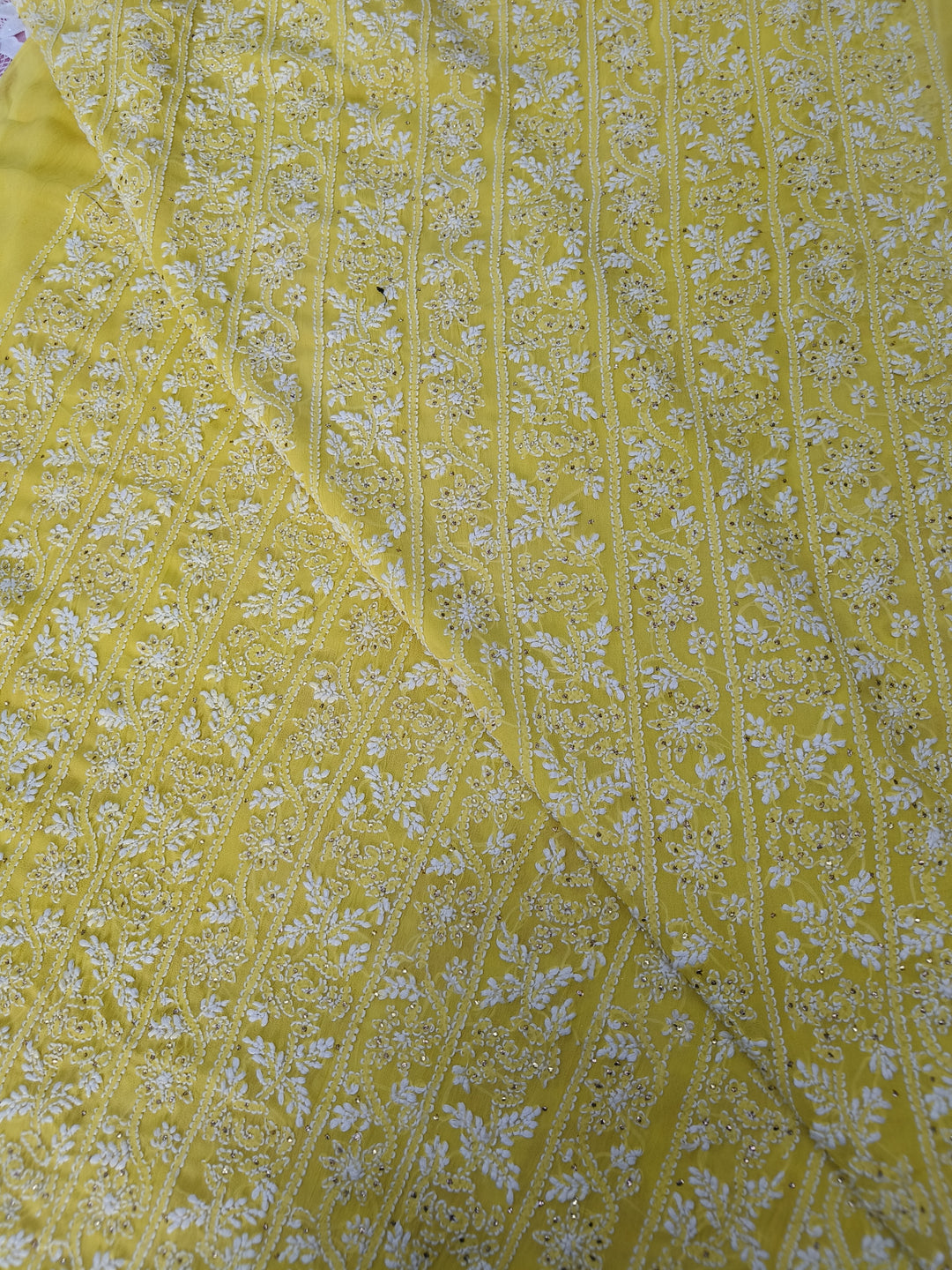 Lemon yellow Georgette Chikankari Kurta duppata fabric