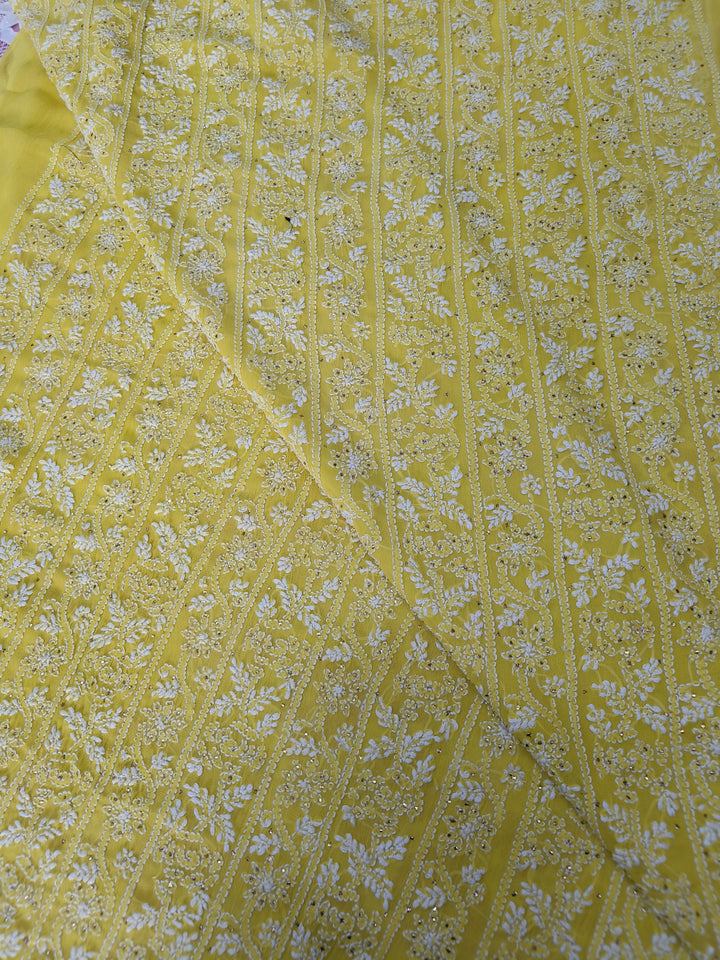 Lemon yellow Georgette Chikankari Kurta duppata fabric