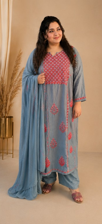 Dark Grey Rayon A-line Chikankari Suit Set-Custom Made