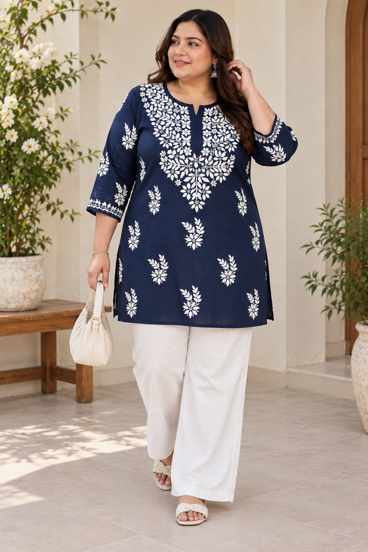 Navy Blue Rayon Chikankari Short Kurta