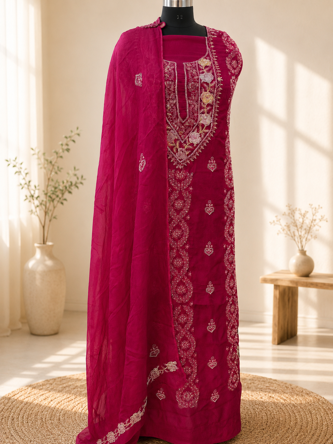 Magenta pink Georgette Chikankari Kurta Dupatta Fabric - Custom made