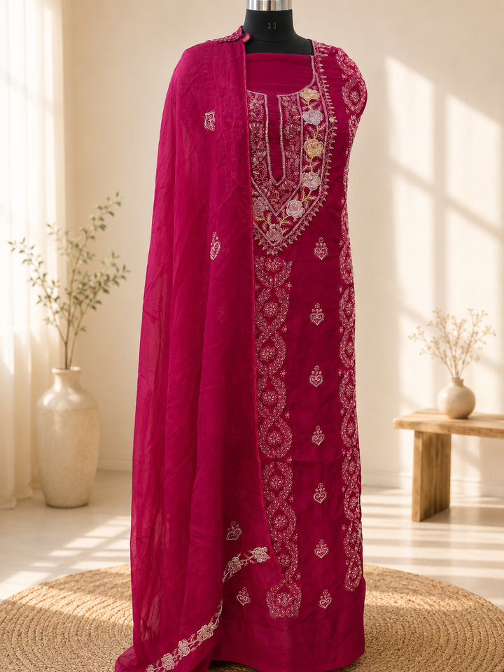 Magenta pink Georgette Chikankari Kurta Dupatta Fabric - Custom made