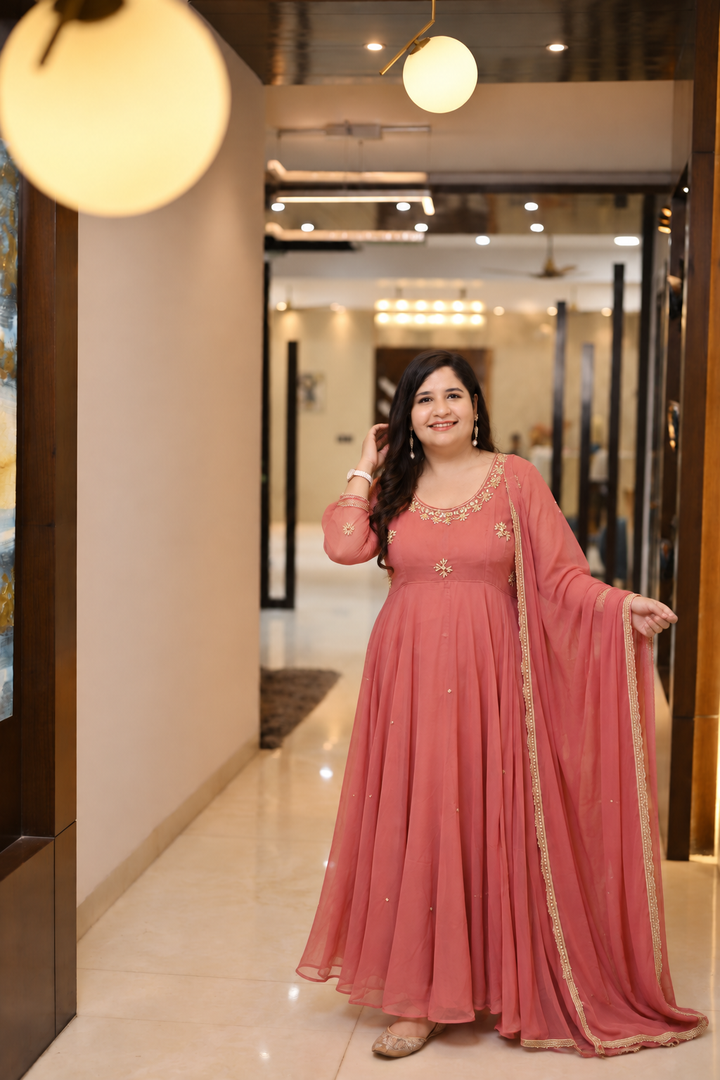 Rust Georgette anarkali dupatta set -Custom Made