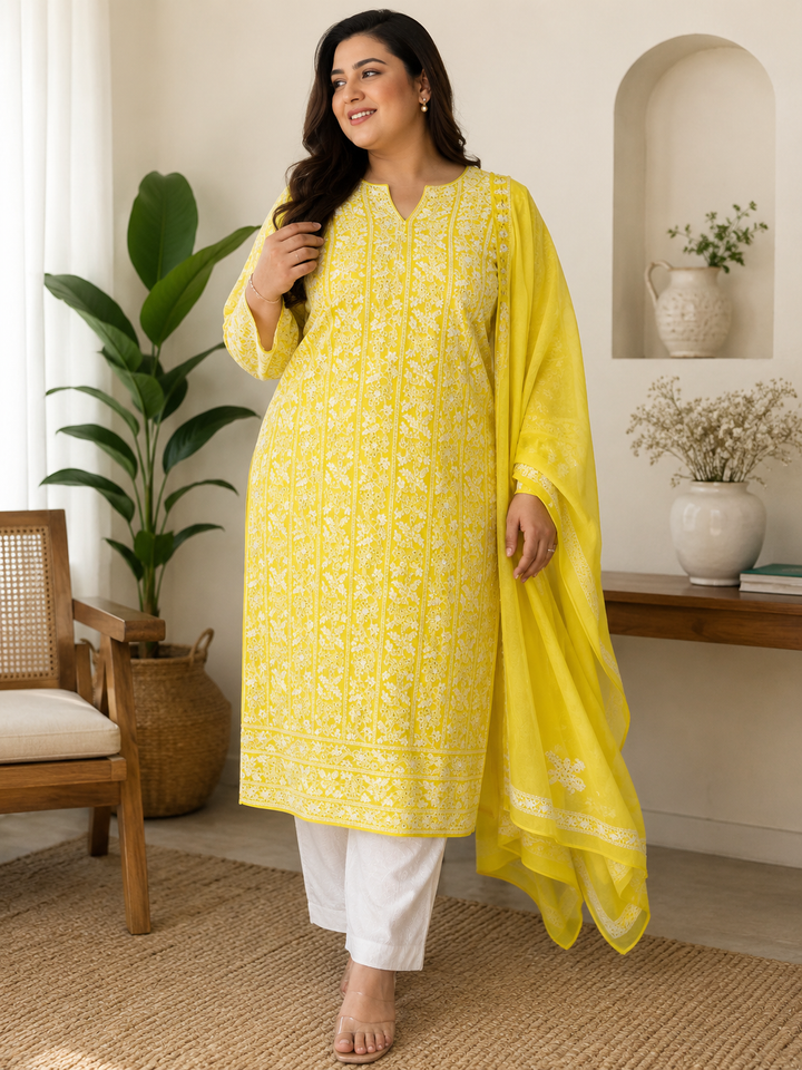 Lemon yellow Georgette Chikankari Kurta duppata fabric