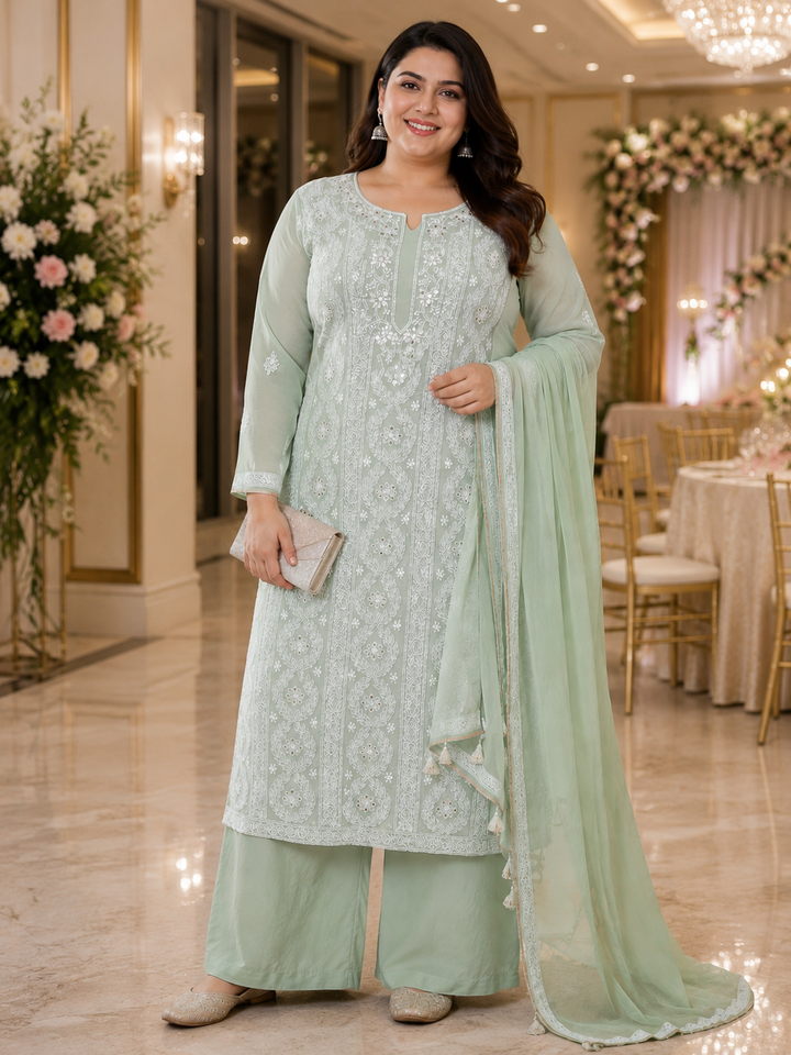 Light Green Pure Georgette Chikankari kurta dupatta Fabric -Custom Made