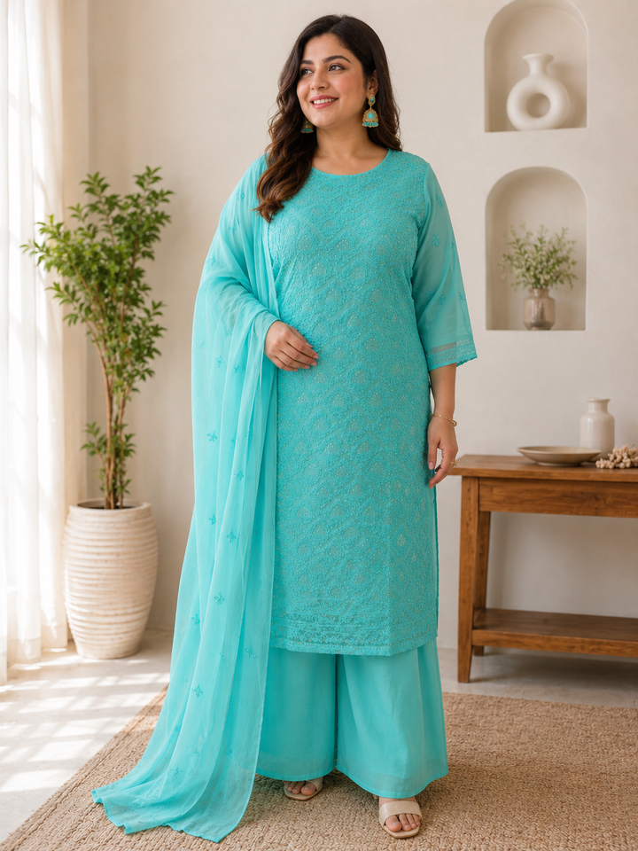 Aqua Blue Georgette Chikankari Kurta Duppata Fabric - Custom made