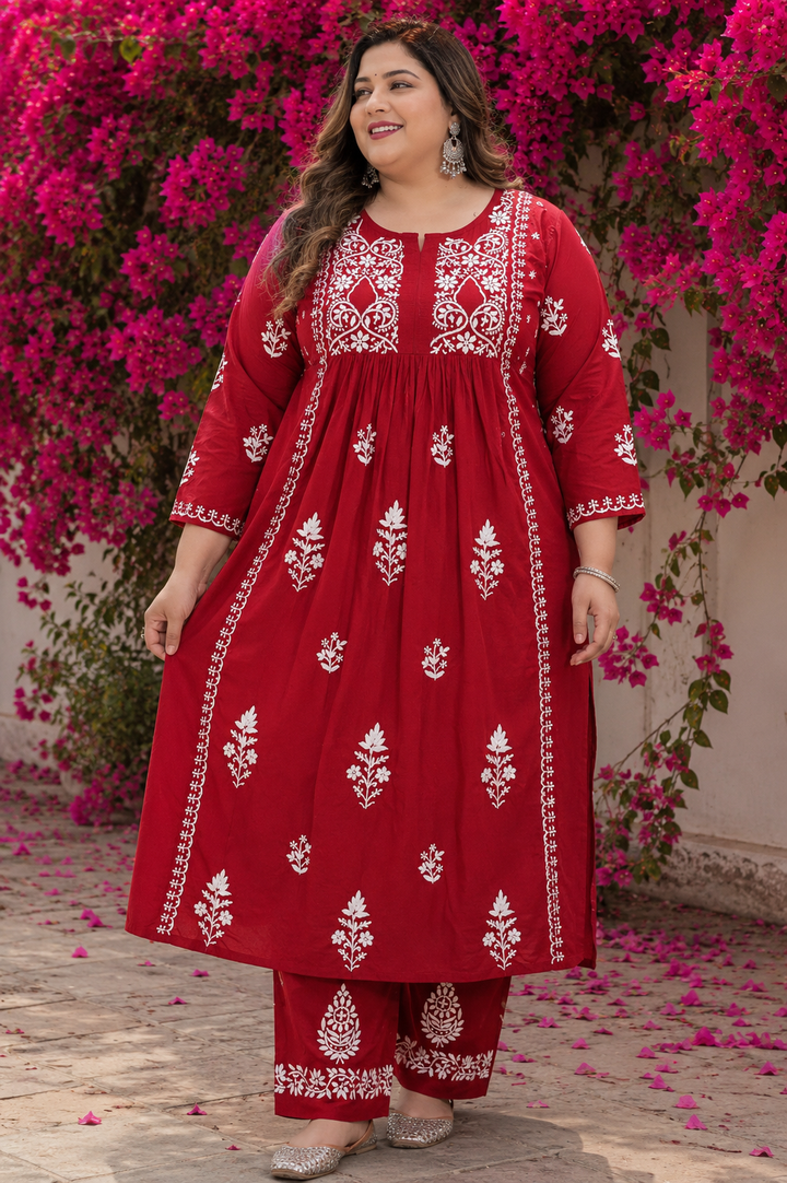 Maroon A-Line Chikankari Kurta Pant Set-Custom Made