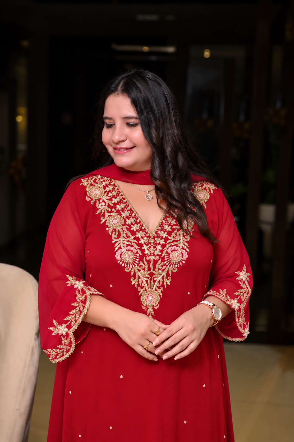 Maroon Georgette embroidered suit Set-Custom Made