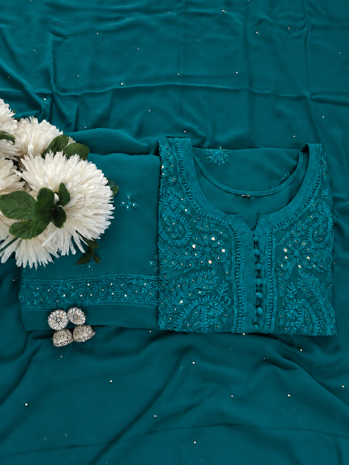 Teal Green Chikankari Georgette Suit Set-Custom Made