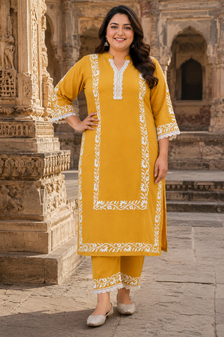 Mustard Rayon Chikankari Kurta with Pant Set - Custom Made