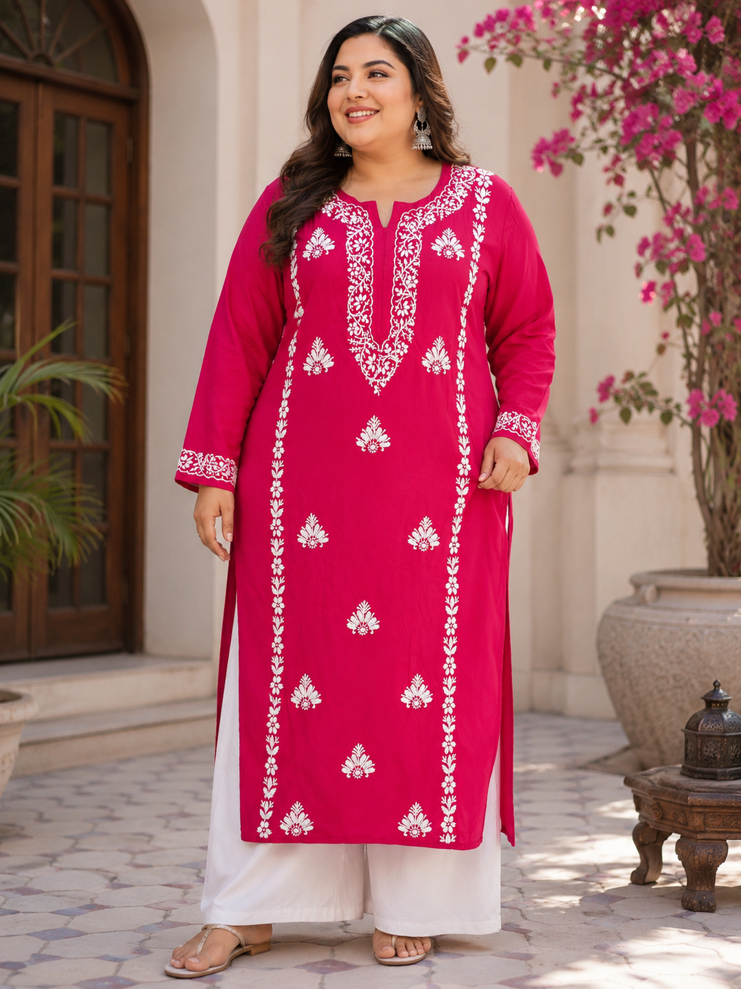 Rani Pink  Rayon Chikankari Kurta