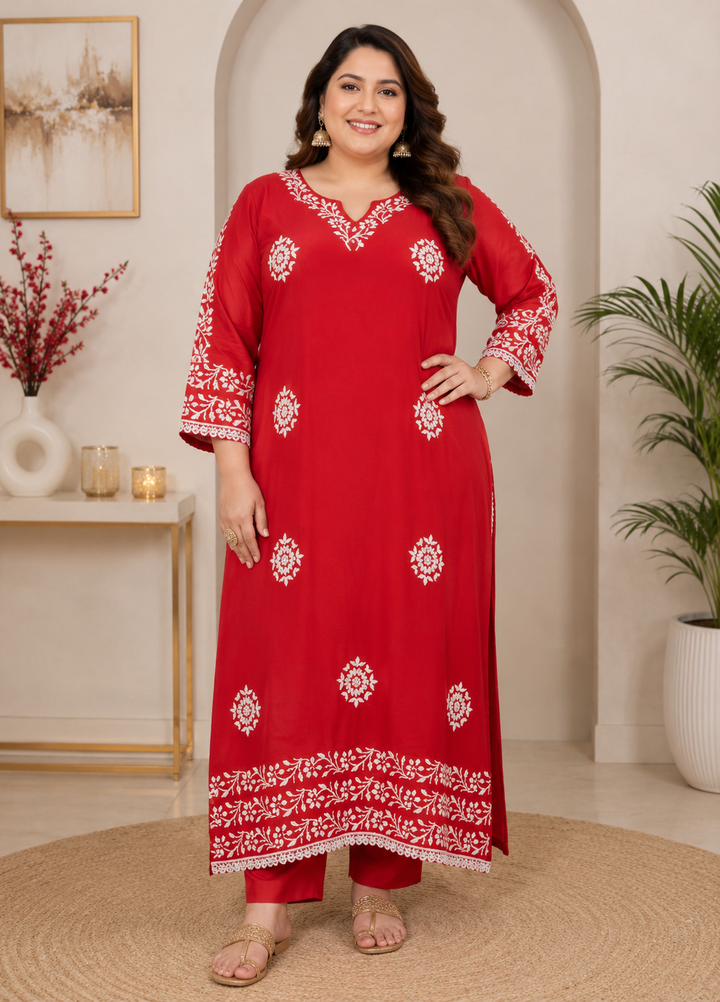 Red Rayon Chikankari kurta -Custom Made